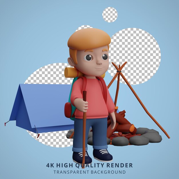 Chłopiec Camping Maskotka 3d Charakter Ilustracja Spacer