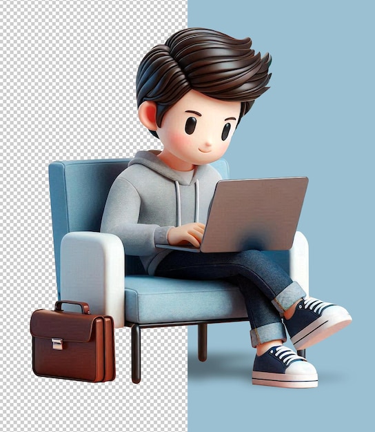 PSD chłopiec siedzi na krześle z laptopem i torbą 3d.