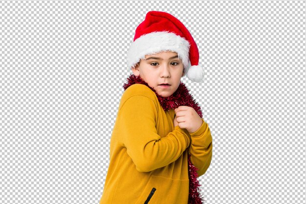 Chłopiec świętuje Boże Narodzenie Dzień Jest Ubranym Santa Kapelusz Odizolowywał Przestraszonego I Przestraszonego.