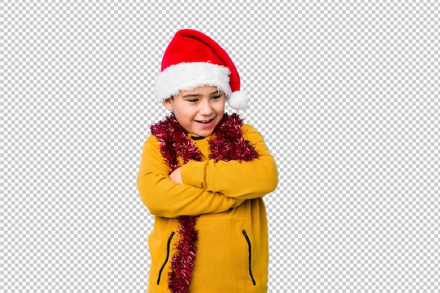 Chłopiec świętuje Boże Narodzenie Jest Ubranym Santa Kapelusz śmia Się Zabawę I Ma.