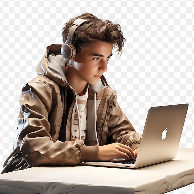 PSD chłopiec z słuchawkami i laptopem z ekranem, który mówi, że używa