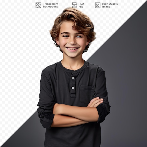 PSD chłopiec ze skrzyżowanymi rękami i czarną koszulą z białym logo na przodzie.