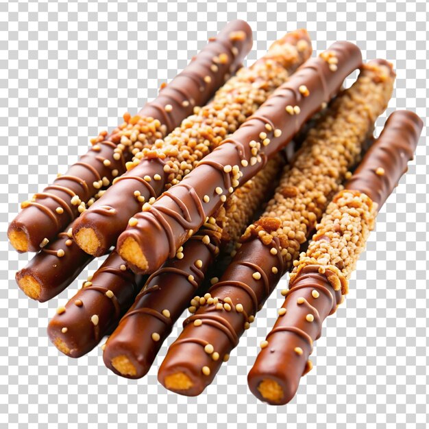 PSD chocolade bedekte pretzelstokjes op doorzichtige achtergrond