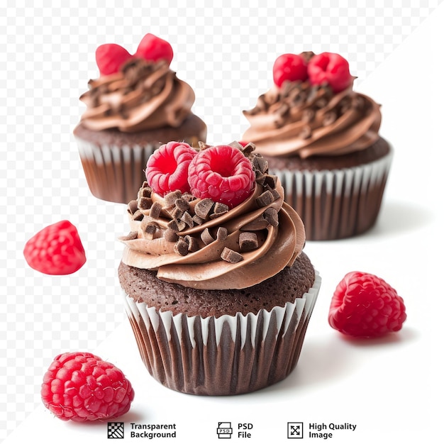 PSD chocolade cupcakes met verse frambozen en room geïsoleerd op wit