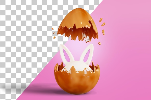 Chocolade gebroken ei en konijnenoren 3d rend konijnenoren steken uit een gebroken ei egg hunt