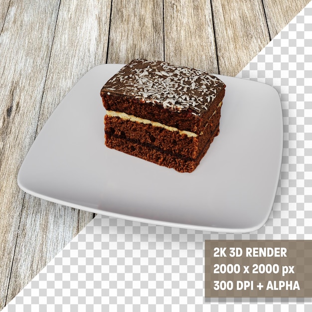 Chocoladekoek op een witte plaat op een houten tafel met een doorzichtige achtergrond