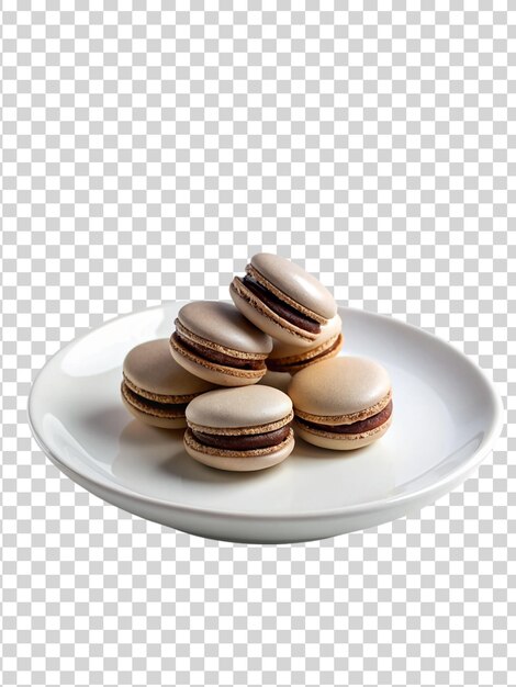 PSD chocolademacarons op een witte plaat op een doorzichtige achtergrond