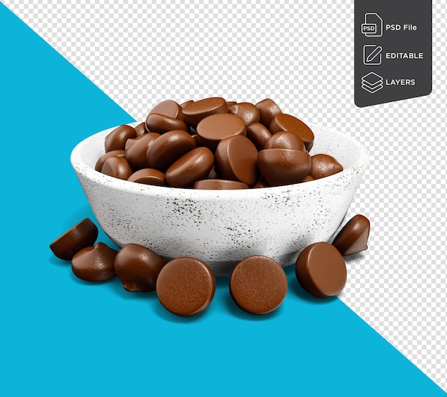 Chocoladeschilfers in een witte porseleinen kom 3d illustratie