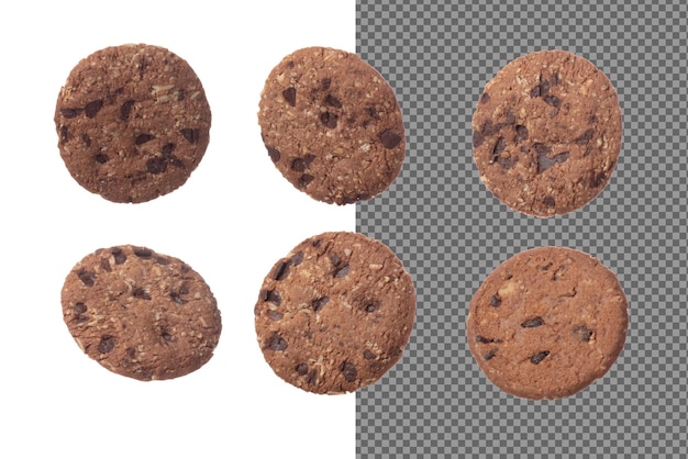 Chocoladeschip ronde val vliegen in de lucht Cocoa Cookie Chocolate schip drijvend Cookie Chocolate Schip volledige ronde gooien in de lucht Witte achtergrond geïsoleerd bevriezen beweging hoge snelheid sluiter