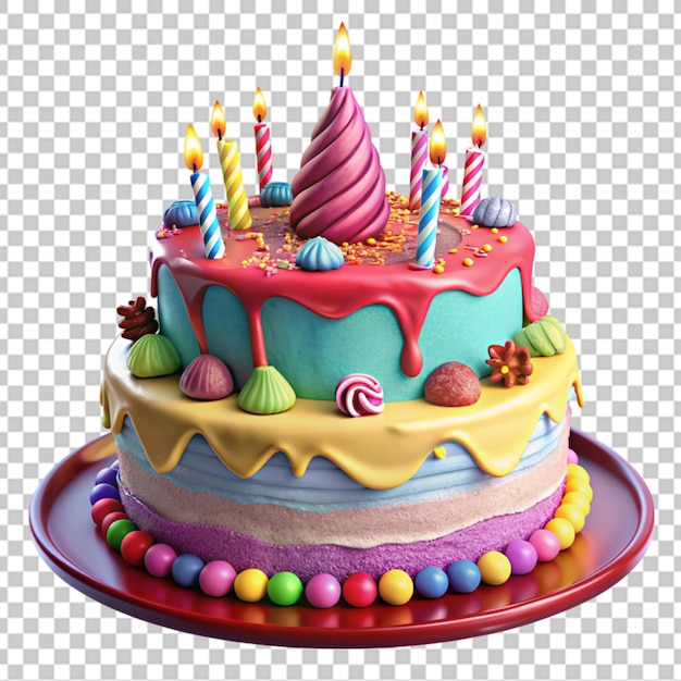 PSD chocolate birthday cake with candles isolated over a transparent background