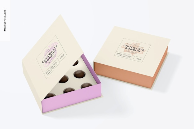 Chocolate bonbon luxury box mockup, opened and closed