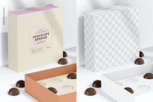 Mockup di scatola di lusso con bonbon al cioccolato, in piedi