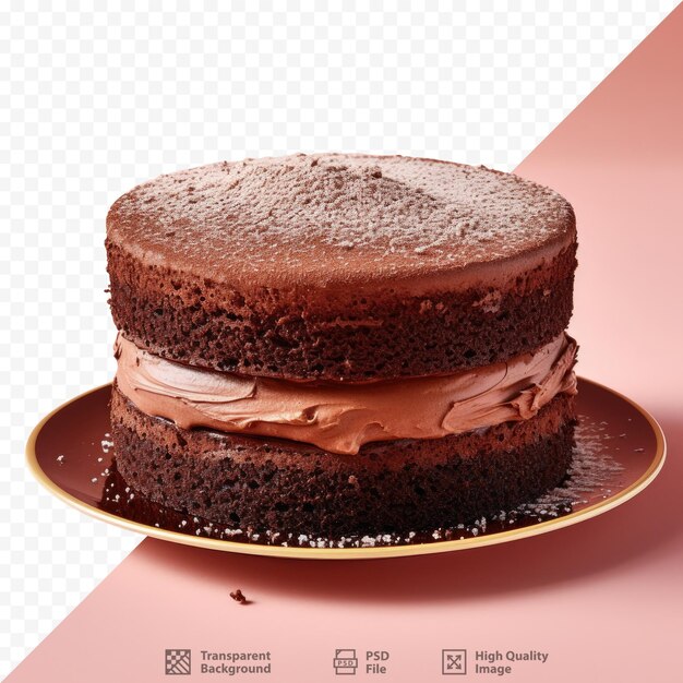 Una torta al cioccolato su un piatto con uno sfondo rosa.