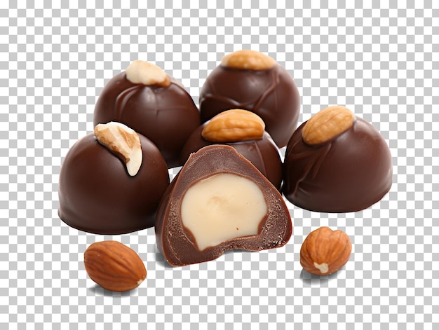 Chocolate candy with hazelnuts isolated on transparent background png psd