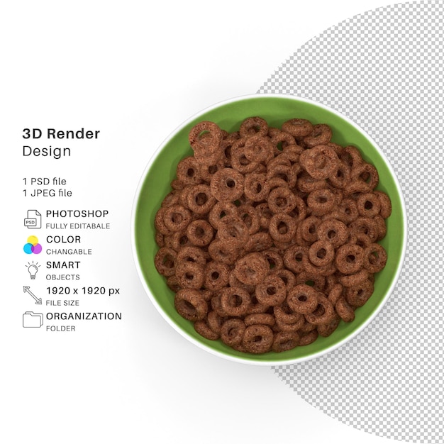 Шоколадные шарики из хлопьев в миске 3d-моделирование psd-файл реалистичная миска с шоколадными шариками