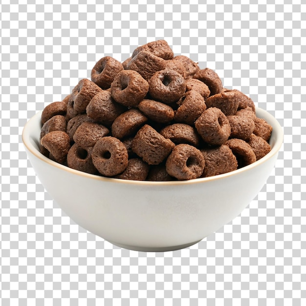 PSD chocolate cereal pillows on white bowl isolated on transparent background