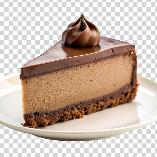 PSD fetta di cheesecake al cioccolato in piastra bianca isolata su uno sfondo trasparente