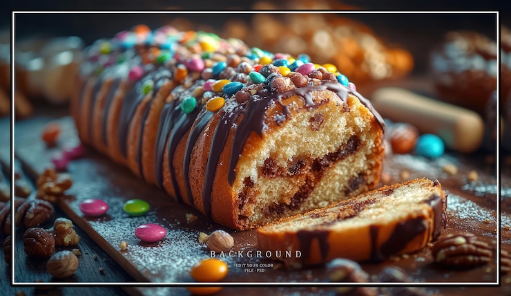 PSD chocolate chip loaf cake with chocolate glaze and colorful sprin