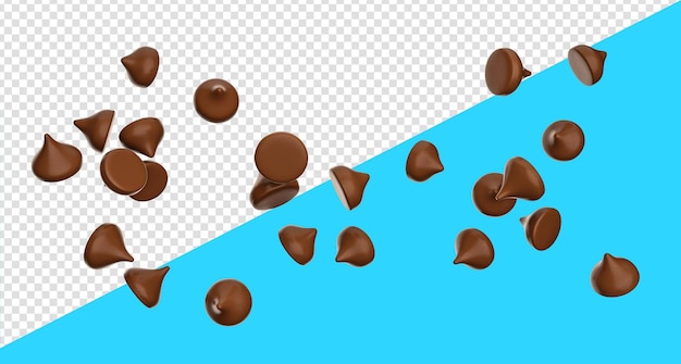 チョコレートチップsmorselsまたはドロップ落下飛んでいる白い背景の上の分離3dイラスト