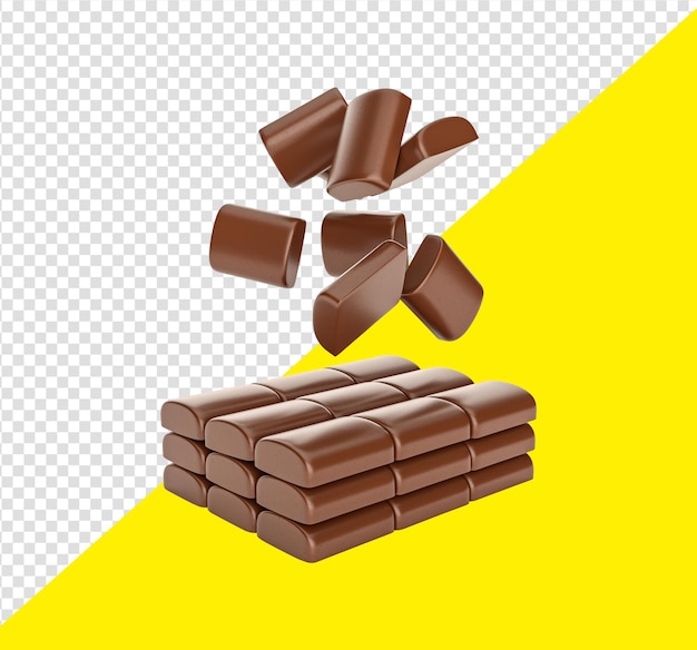 PSD Кусочки шоколада падают на шоколадные стопки 3d иллюстрация
