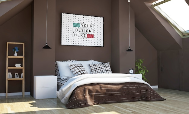 Chocolate color bedroom with horizontal poster mockup