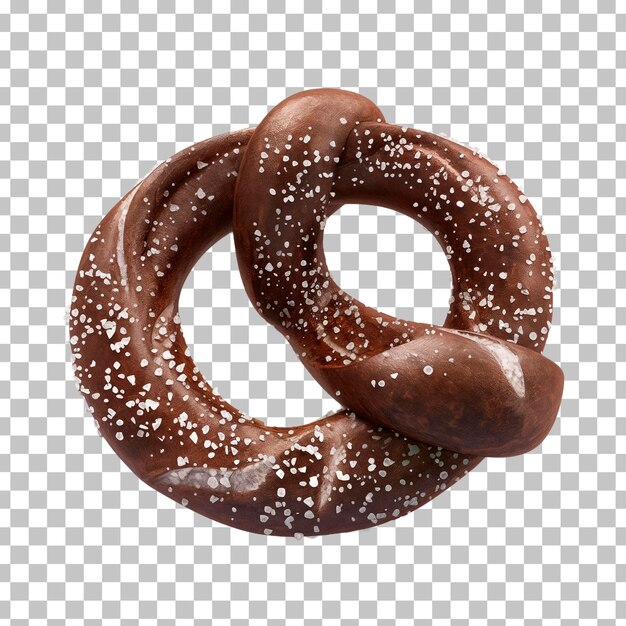 Un pretzel ricoperto di cioccolato con semi di sesamo su uno sfondo a scacchi