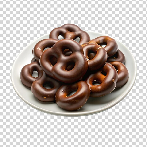 Pretzel ricoperti di cioccolato su piatto bianco su bianco isolato su sfondo trasparente