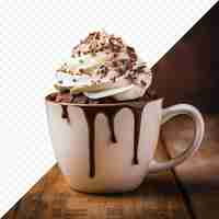 PSD chocolate cupcake in a mug placed on a wooden table