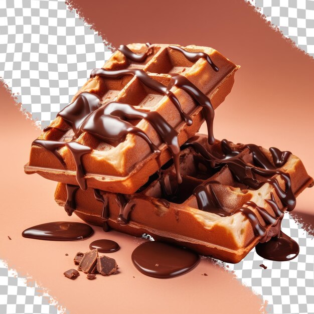 PSD chocolate drenched waffles split into two parts on a transparent background