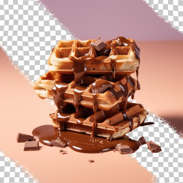 PSD chocolate drenched waffles split into two parts on a transparent background