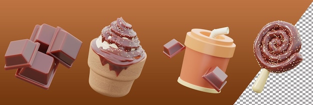 PSD chocolate drink cup ice cream chocolate lollipop chocolate isolated transparans background