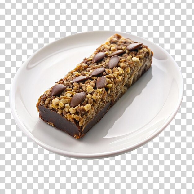 PSD chocolate granola bar in white plate isolated on transparent background