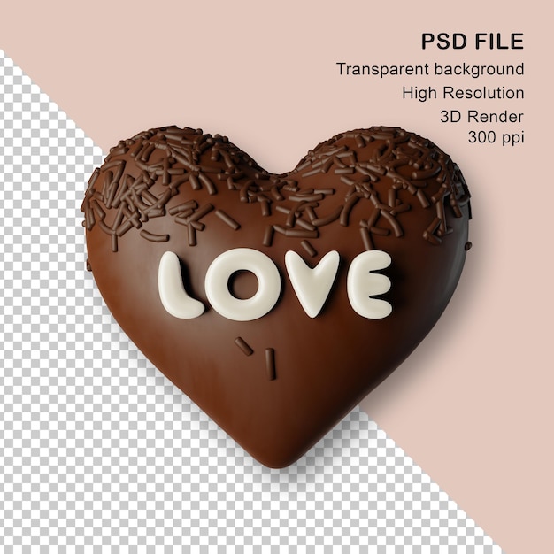 PSD cuore di cioccolato con granelli di cioccolato 3d render illustration