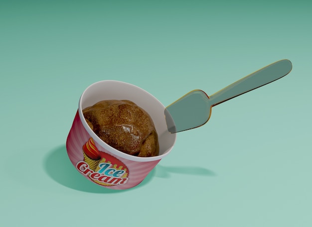 PSD chocolate ice cream in container with plastic spoon