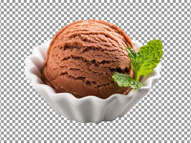 PSD chocolate ice cream scoop in a white bowl with mint leaf on transparent background