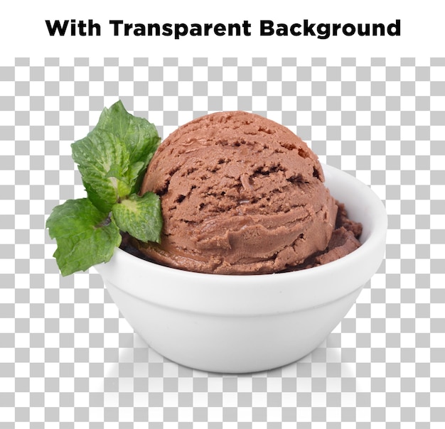 Chocolate ice cream with mint in a white bowl isolated on a transparent background