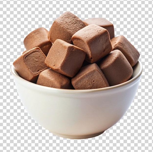 PSD marshmallows al cioccolato su una ciotola bianca su uno sfondo trasparente