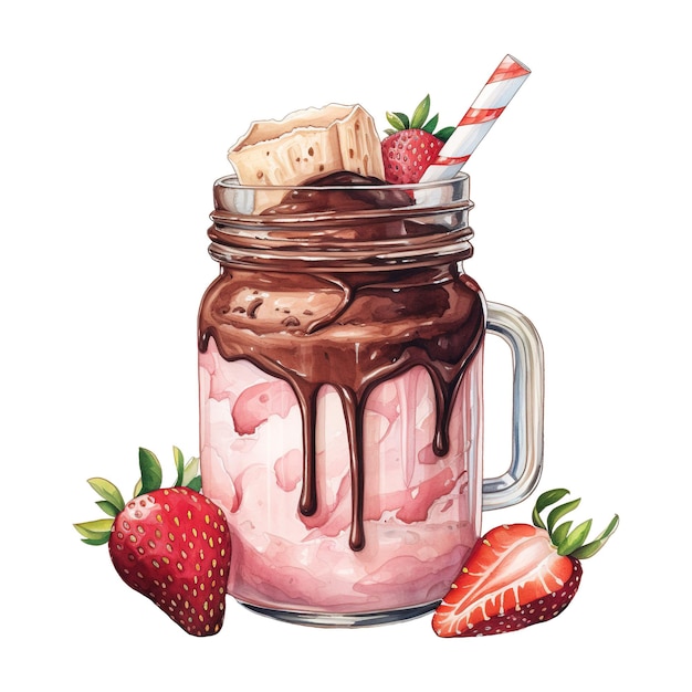 PSD chocolate milkshake with strawberries and a straw