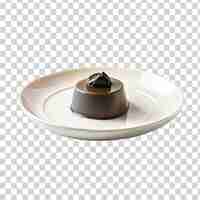 PSD chocolate panna cotta on white plate isolated on transparent background