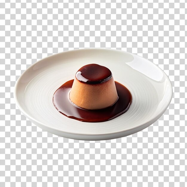 Chocolate panna cotta on white plate isolated on transparent background