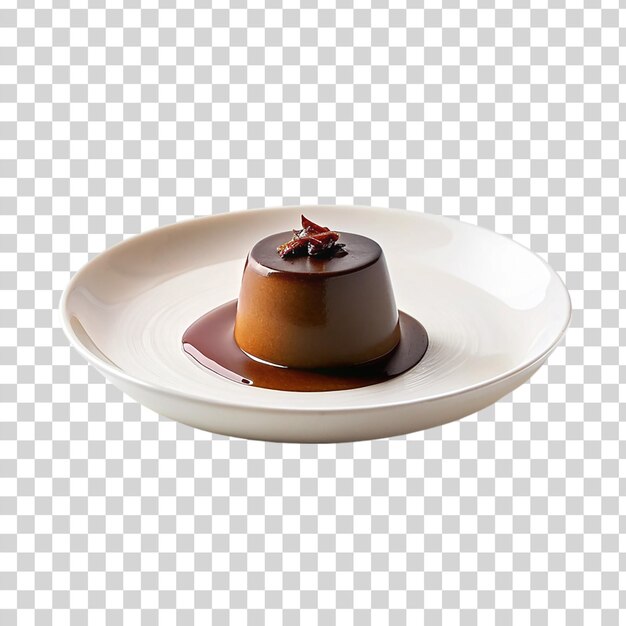 PSD chocolate panna cotta on white plate isolated on transparent background