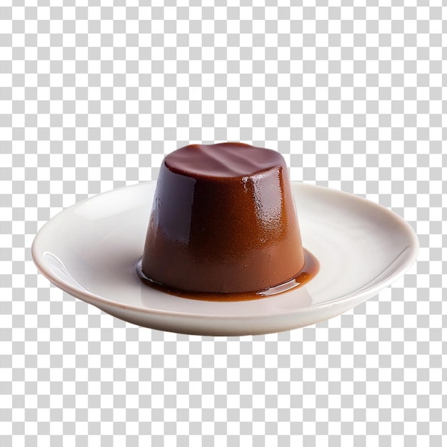 PSD chocolate panna cotta on white plate isolated on transparent background