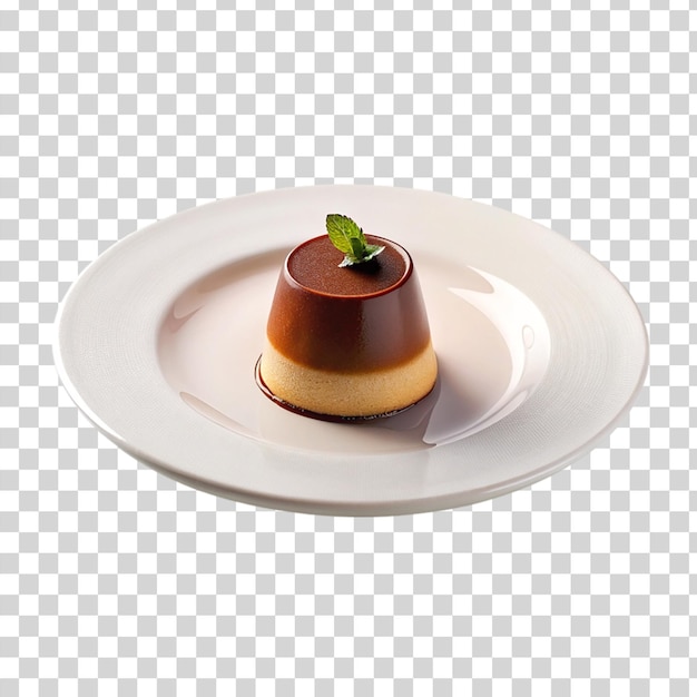 PSD chocolate panna cotta on white plate isolated on transparent background