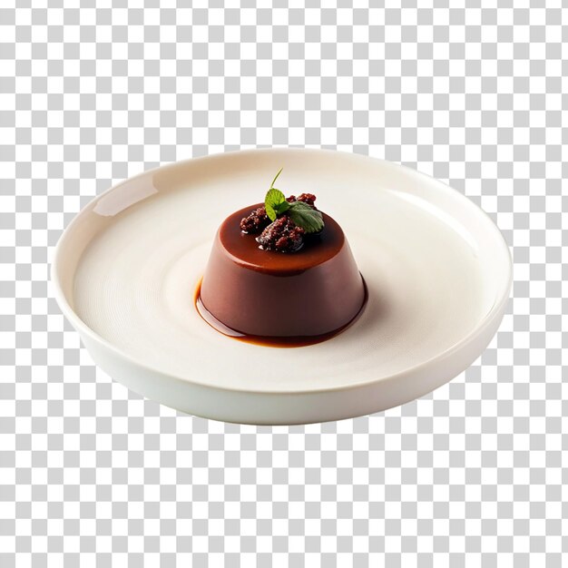 PSD chocolate panna cotta on white plate isolated on transparent background