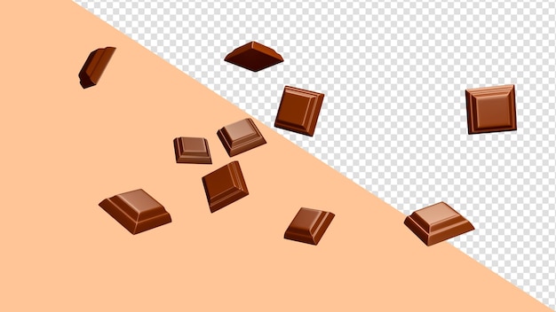 PSD chocolate pieces stack falling many chocolate cubes falling with one closer in centre 3d rendering
