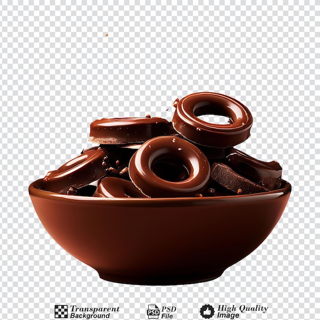 PSD chocolate rings falling into a bowl isolated on transparent background