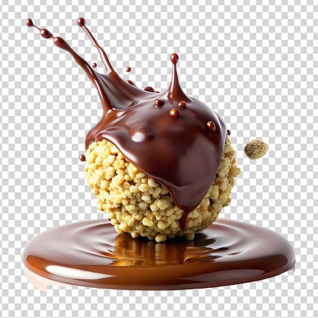 Salsa al cioccolato che gocciola su una palla bianca di cibo su uno sfondo trasparente