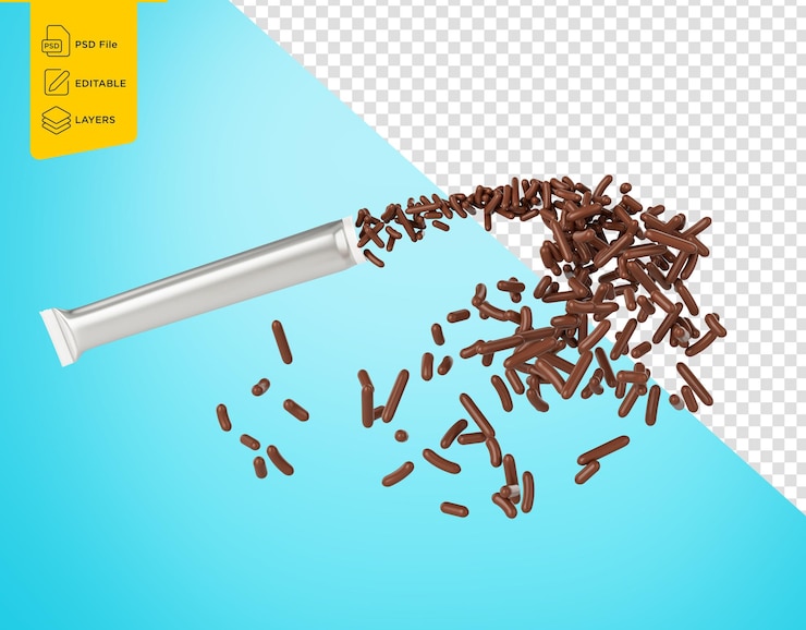 PSD chocolate sprinkles flowing coming in the air spilling out from silver empty packet 3d illustration
