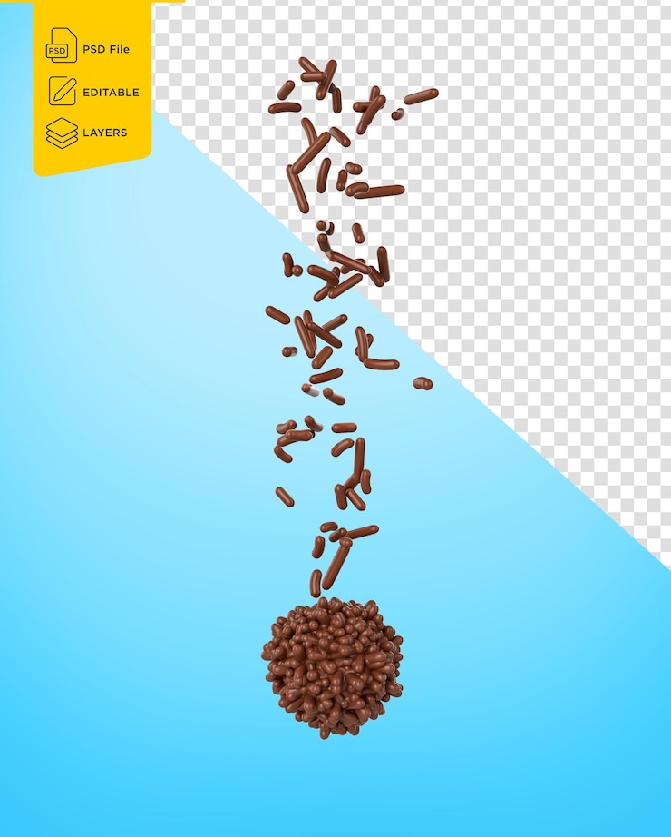 PSD chocolate sprinkles or meises falling from top on brigadeiro brazilian dessert ball 3d illustration