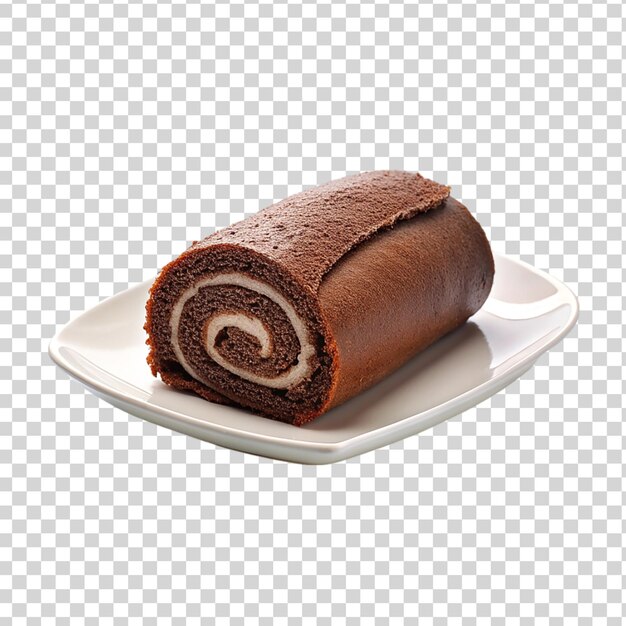 Chocolate swiss roll on white plate isolated on transparent background